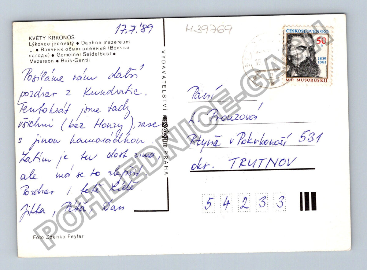 Pohlednice Květy Krkonoš Květovec jedovatý 1989 (M39769)