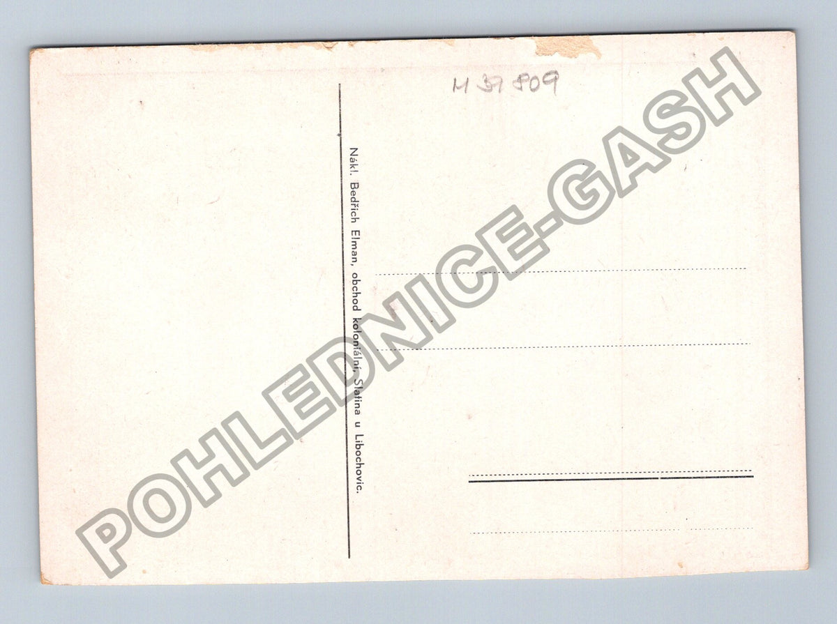 Pohlednice Slatina u Libochovic kostel rybník obchod (M39809)