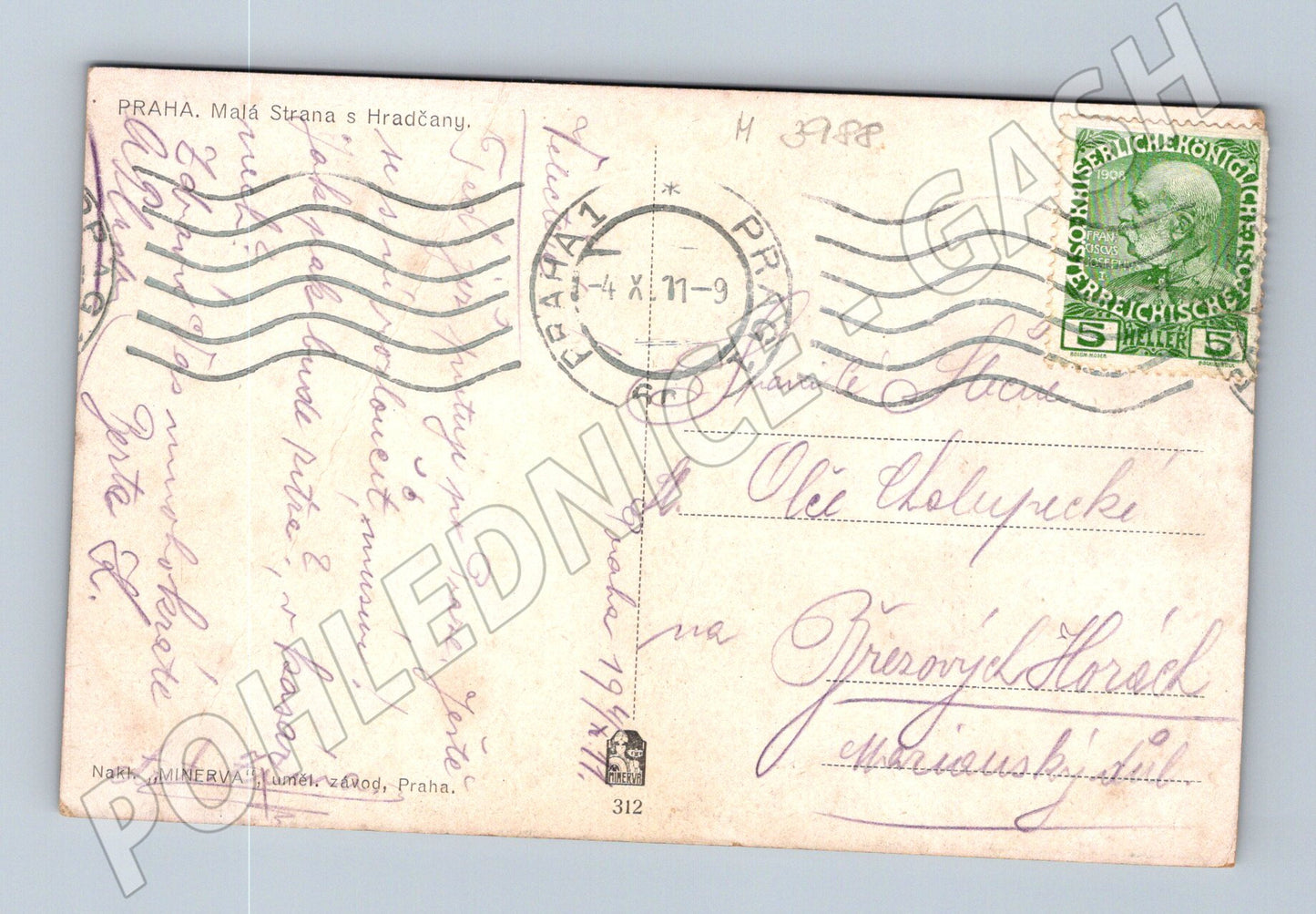 Pohlednice Praha Malá Strana a Hradčany malovaná 1911 (M3988)