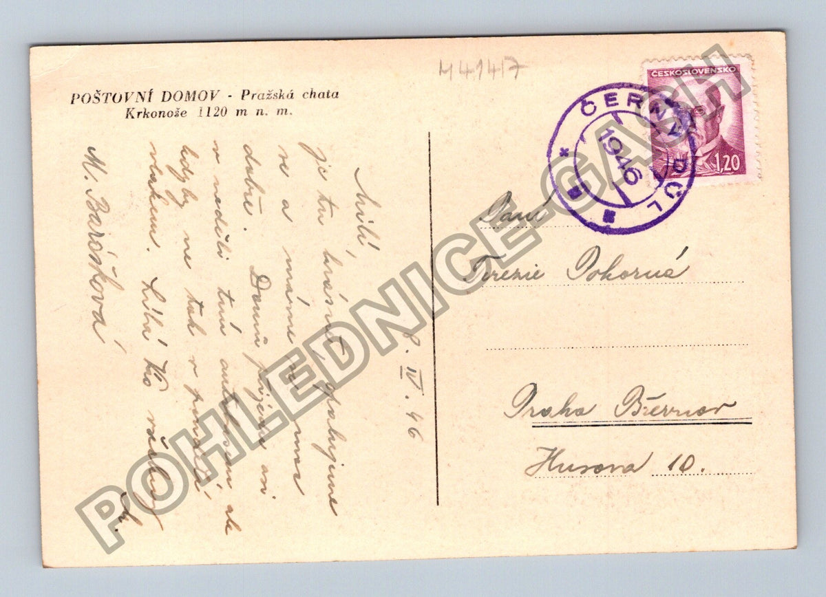 Pohlednice POŠTOVNÍ DOMOV Pražská chata Krkonoše 1946 (M41417)