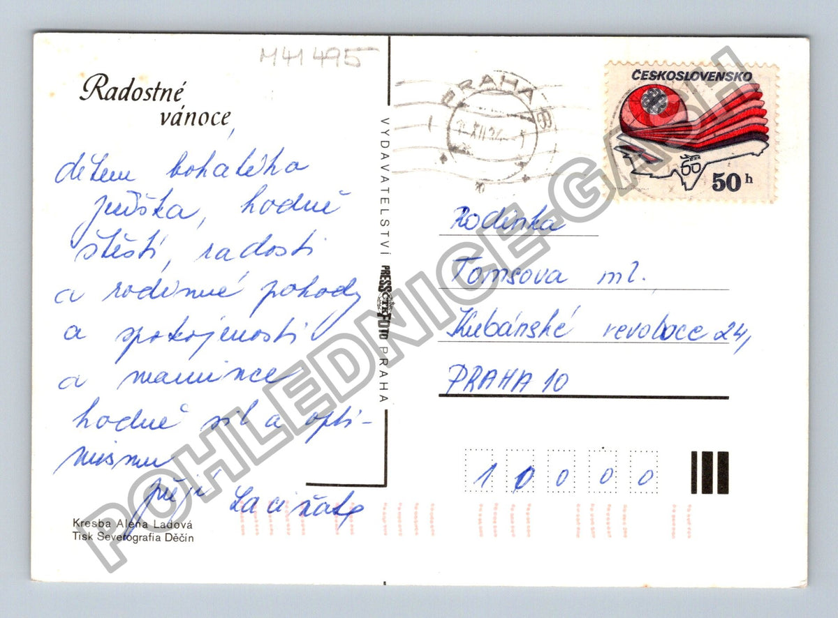 Pohlednice Alena Ladová ježci u stolu Vánoce 1982 (M41495)