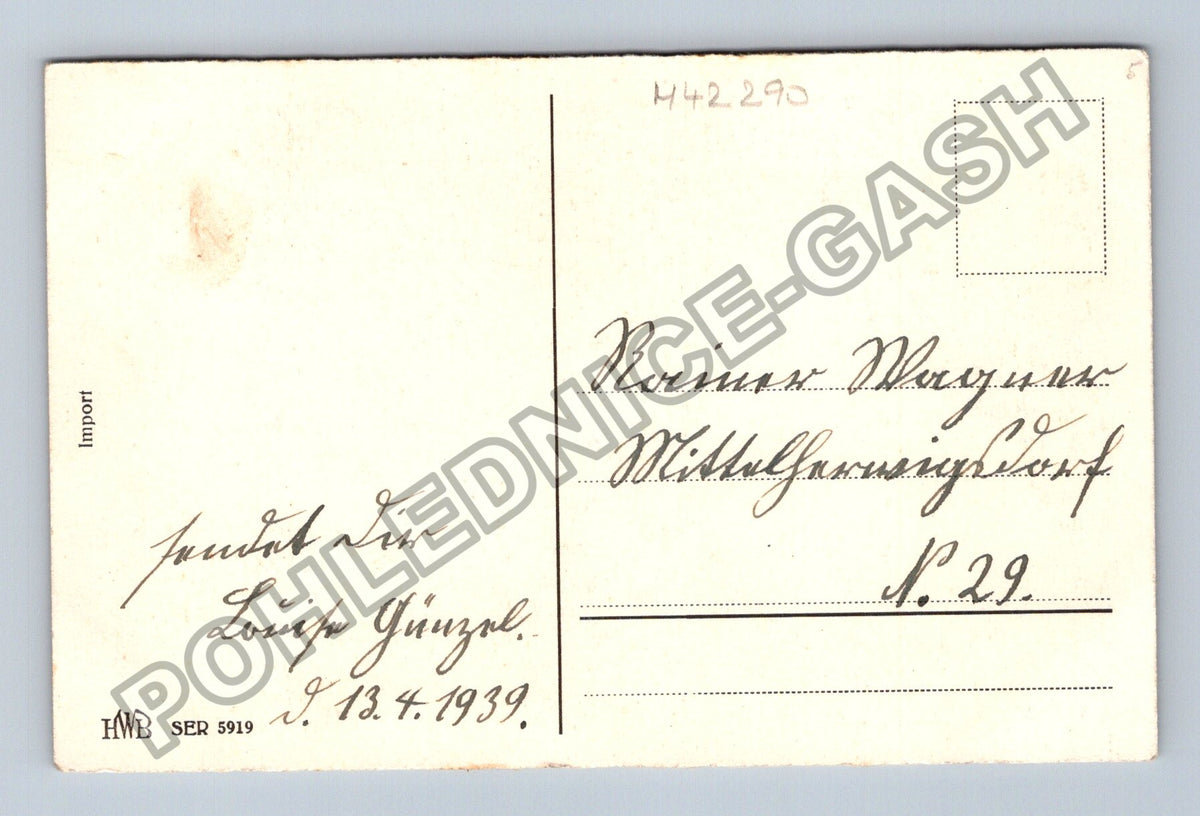 Pohlednice chlapec píšící u stolu nápis Lachend sollst 1939 (M42290)