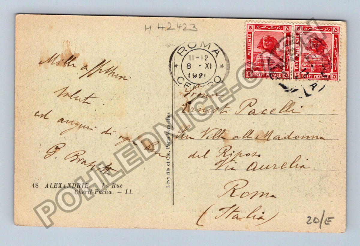 Pohlednice Egypt Alexandria Cherif Pacha Street 1921 (M42423)