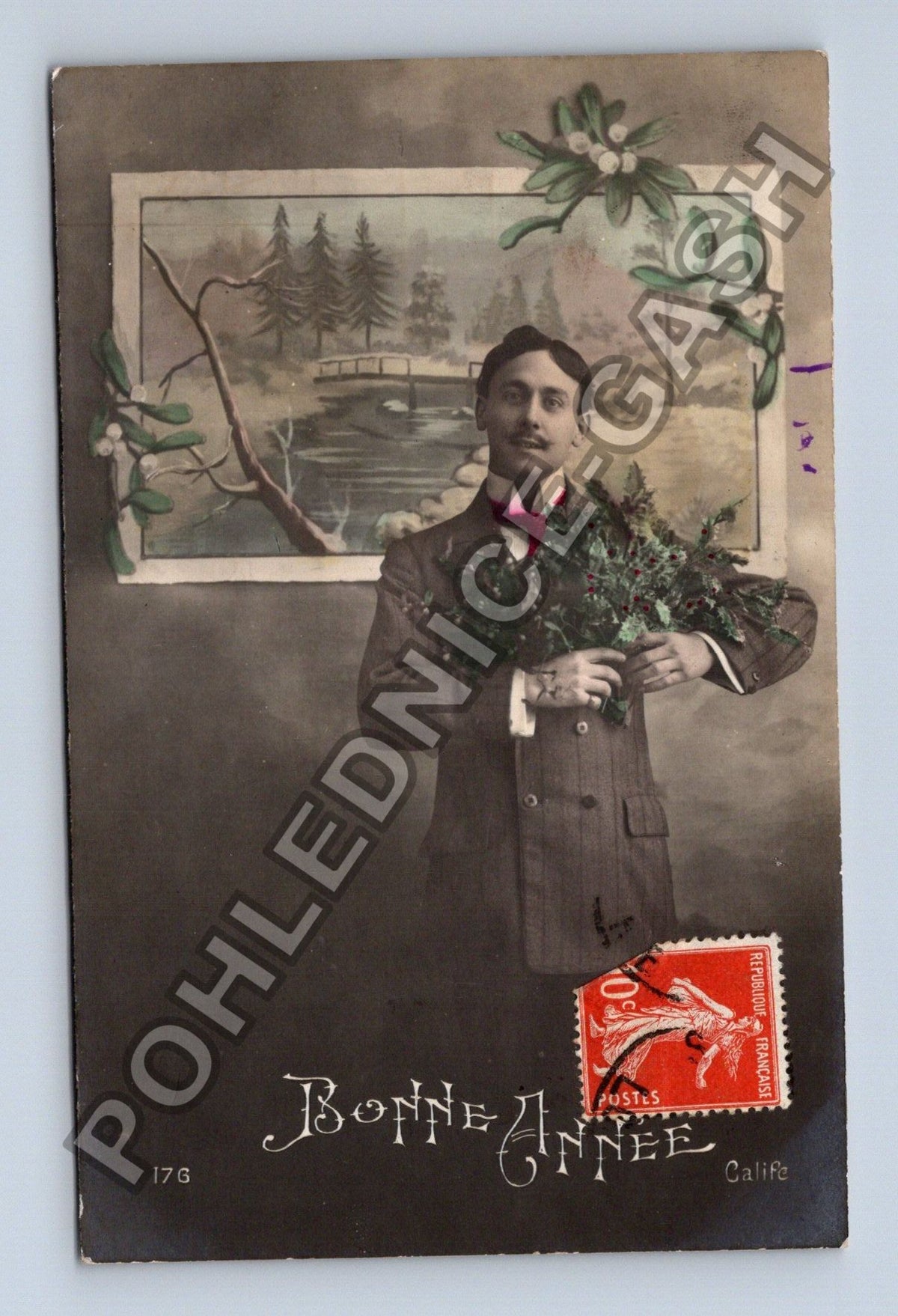 Pohlednice Francie Novoroční přání muž s jmelím 1912 (M42616)