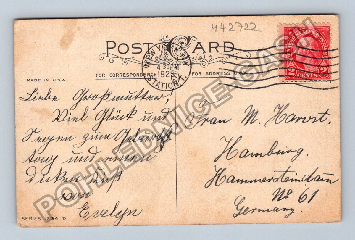 Pohlednice USA narozeninové přání s květinami a domem 1925 (M42722)