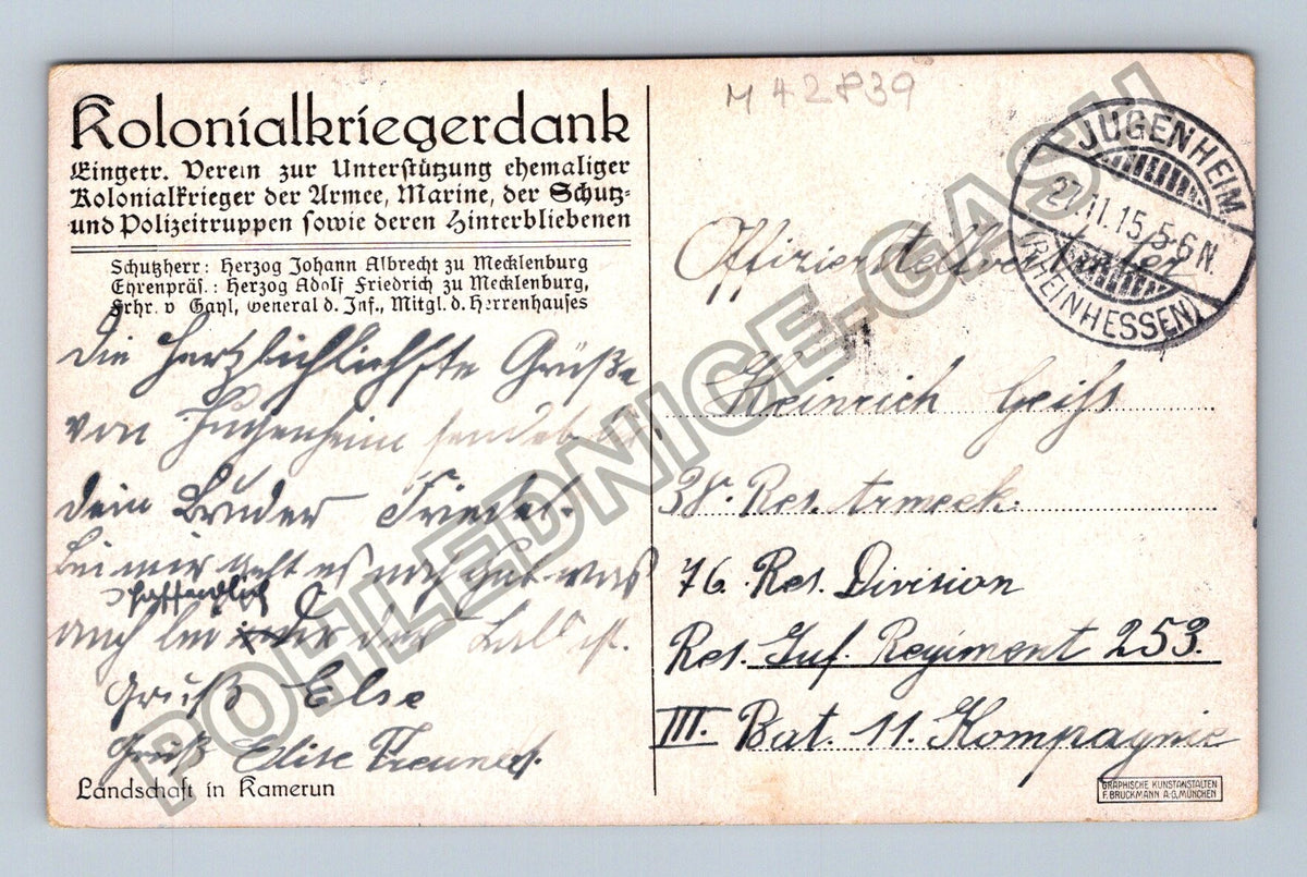 Pohlednice Německo Kolonialkriegerdank Kamerun 1915 (M42839)