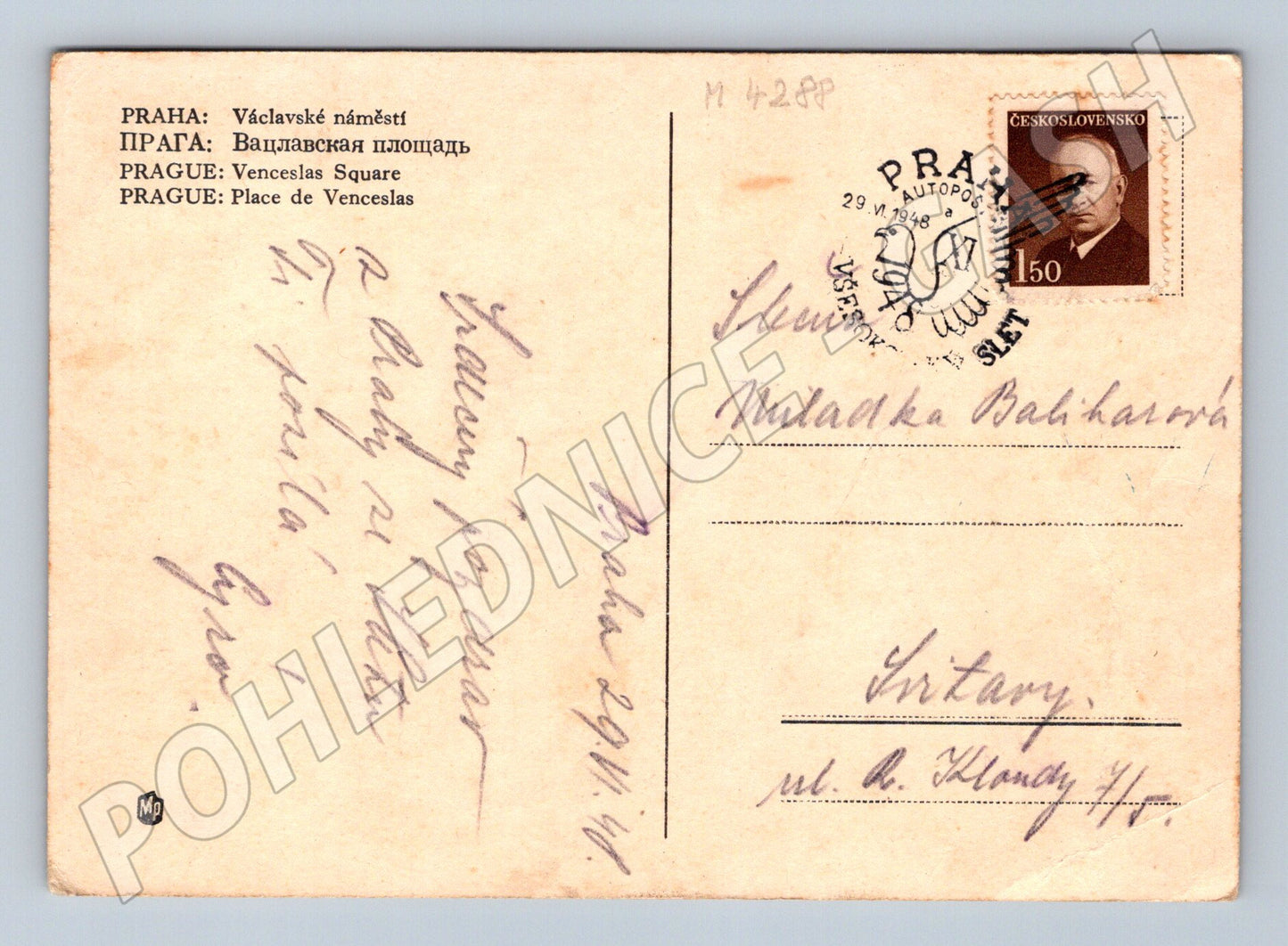 Pohlednice Praha Václavské náměstí 1948 tramvaje (M4288)