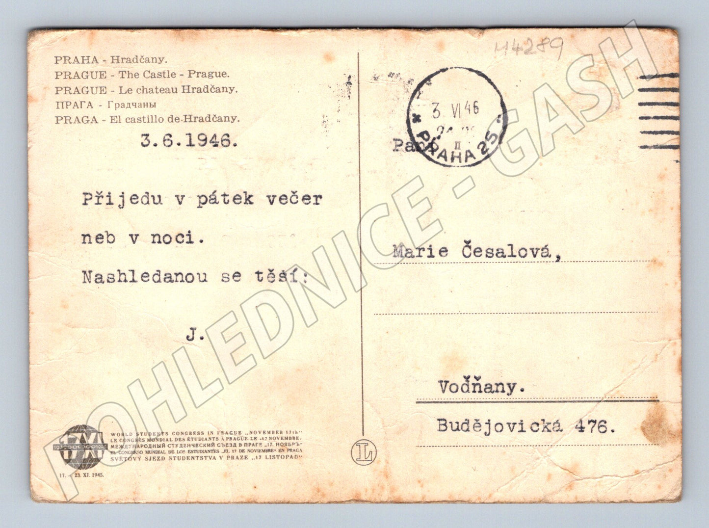 Pohlednice Praha Karlův most a Hradčany 1946 (M4289)