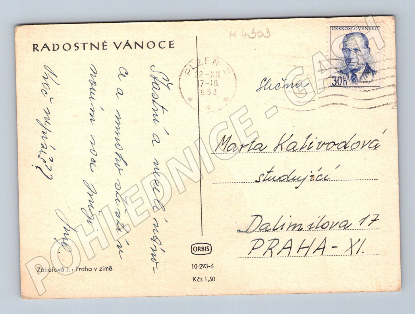 Pohlednice Praha zimní motiv 1953 Vánoce (M4303)