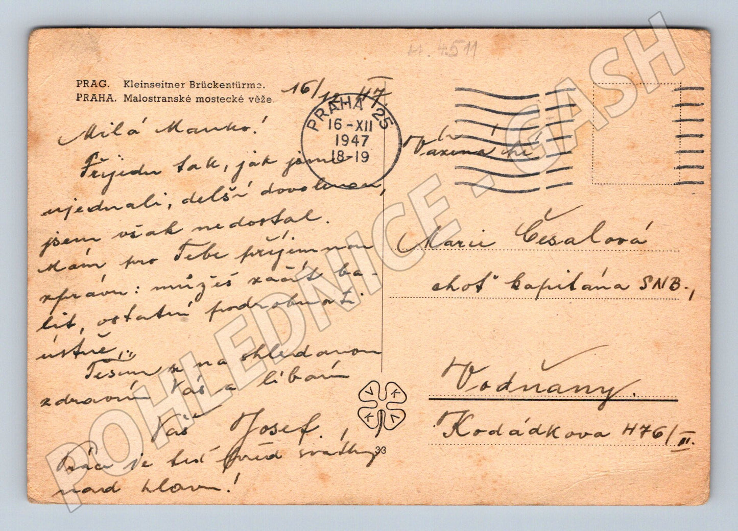 Postcard Prague Lesser Town Tower and Charles Bridge (M4511)