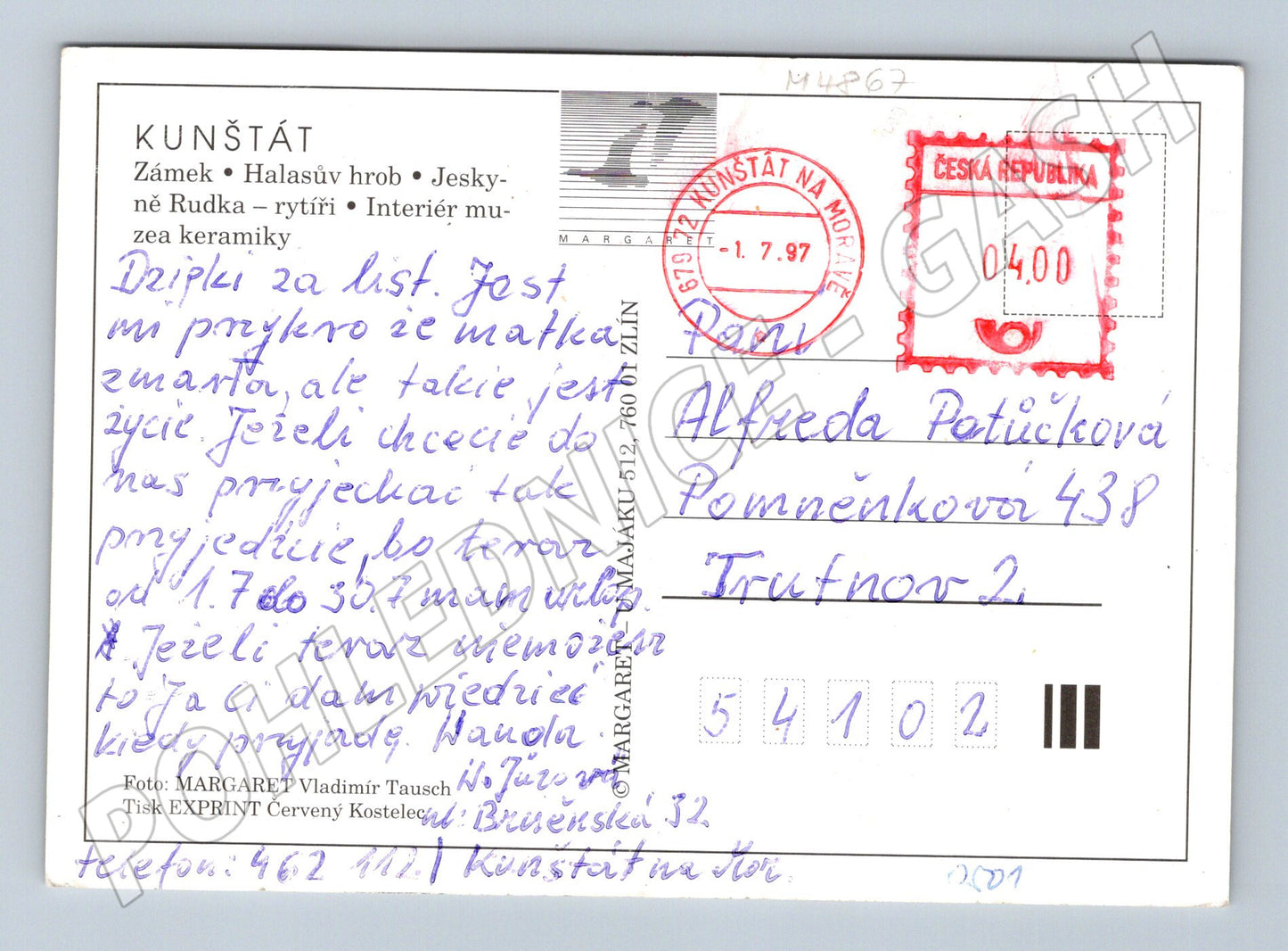 Postcard Kunštát Castle Halas' Grave (M4867)