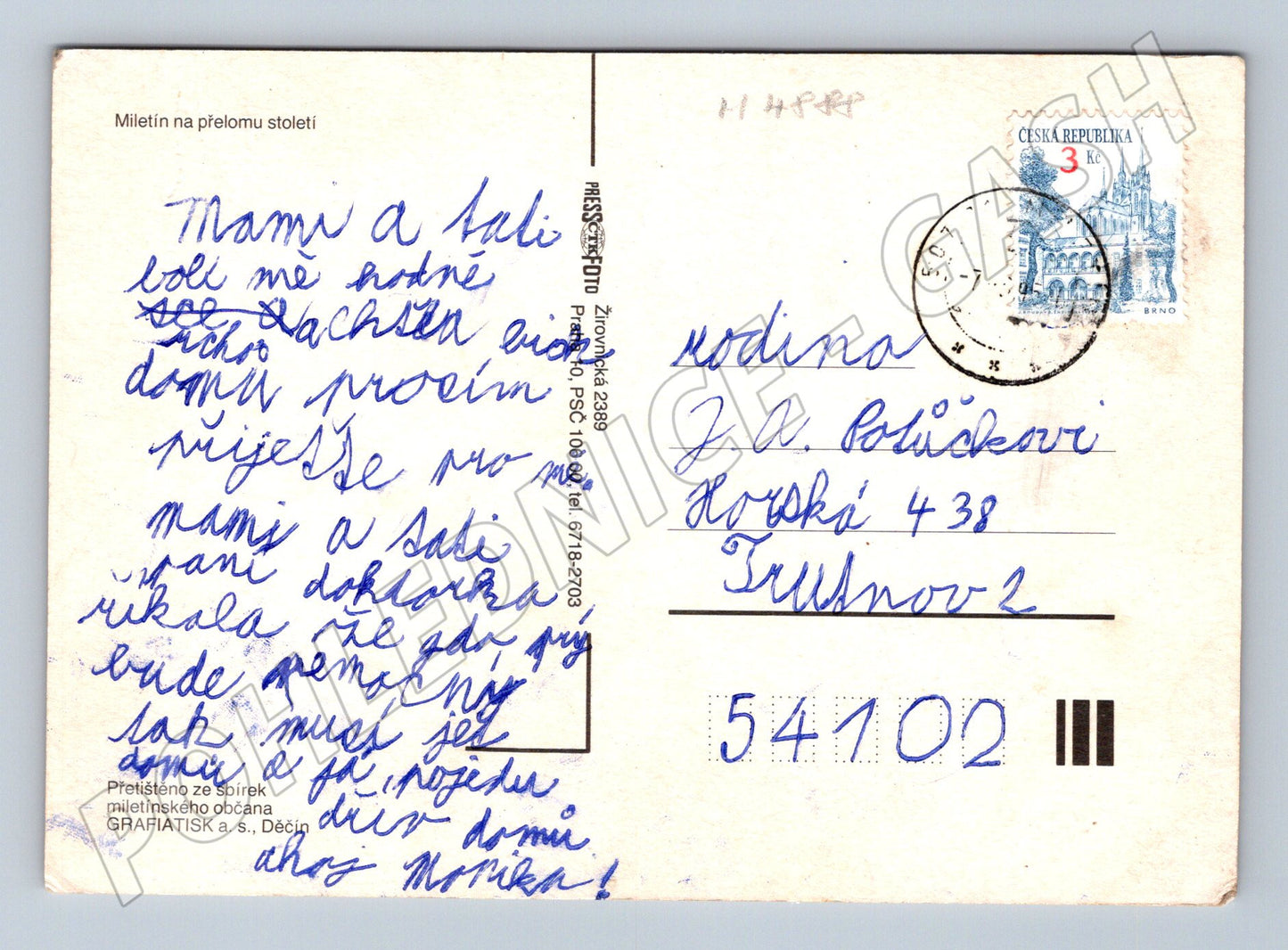 Postcard Miletín greeting colored (M4888)