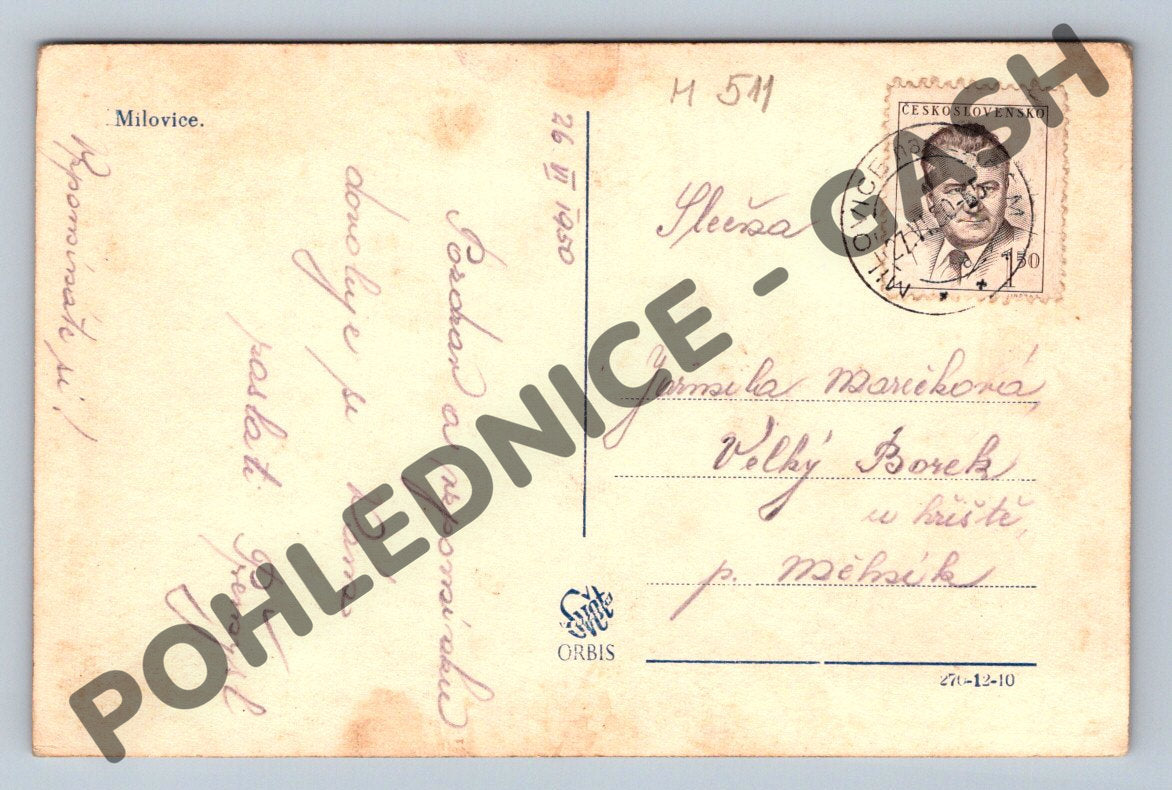 Pohlednice Milovice ČR 1950 (M511)
