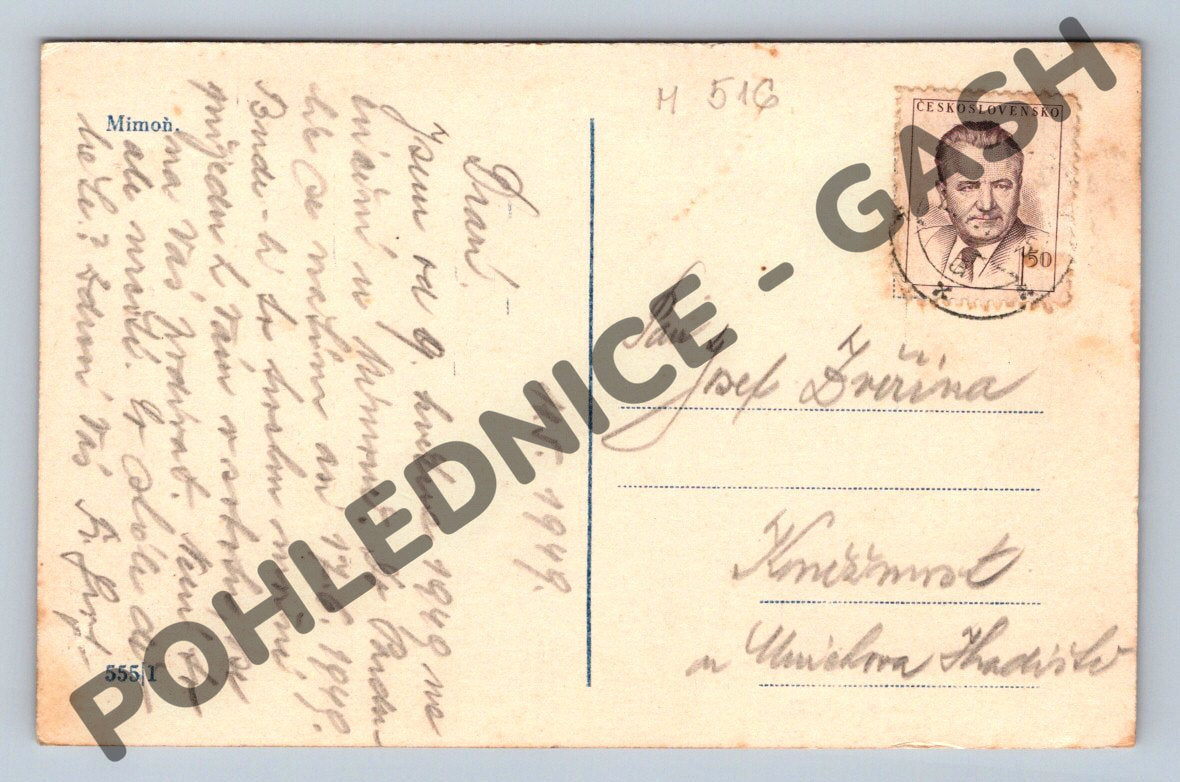 Pohlednice Mimoň 1949 černobílá (M516)