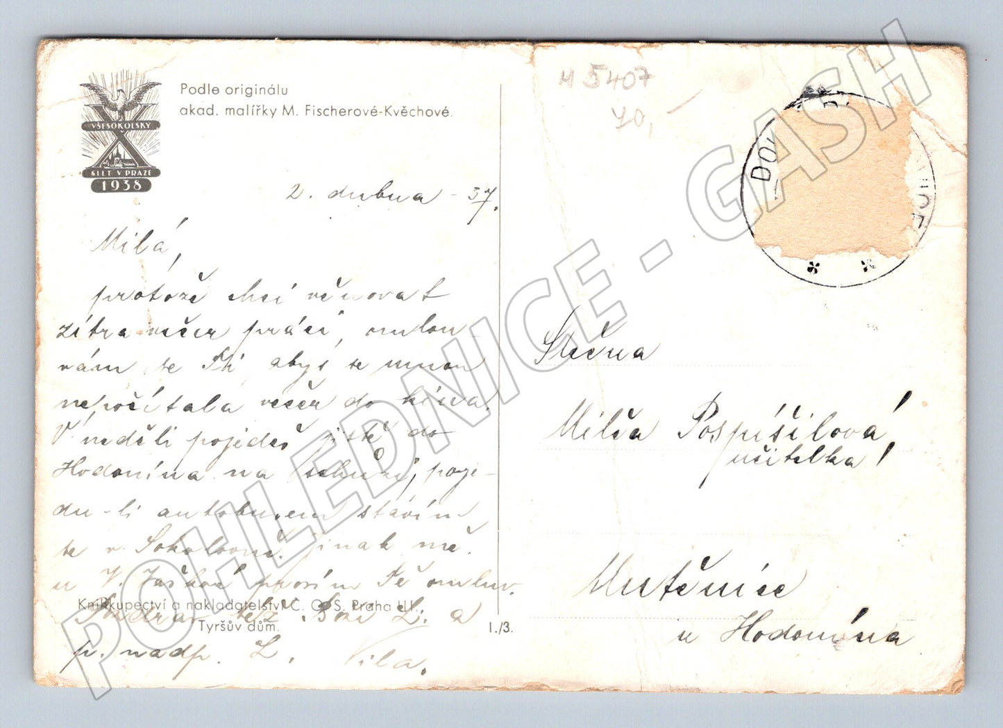 Pohlednice Jdem na slet 1938 Fischerová Kvěchová (M5407)