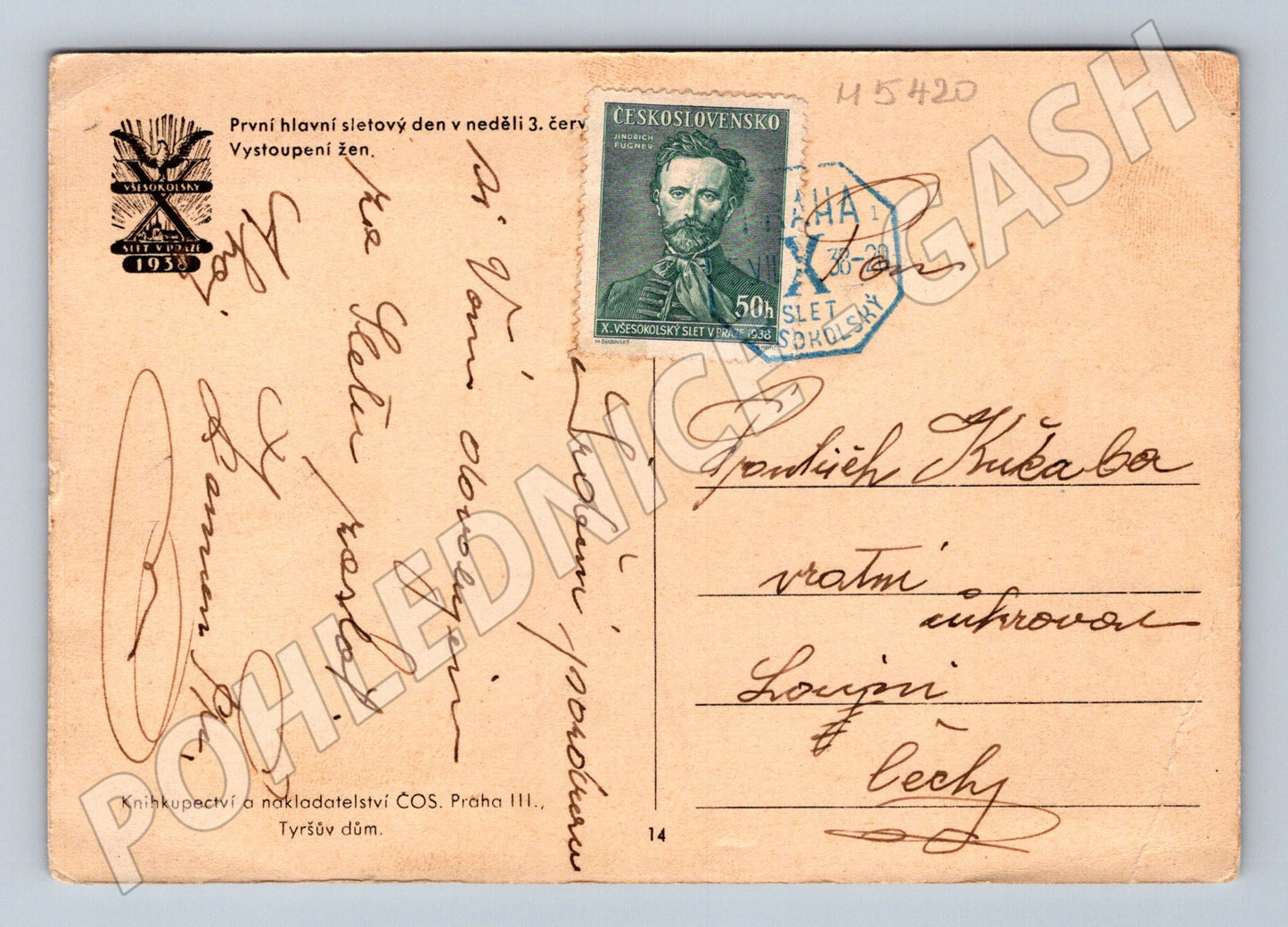 Postcard X Festival Prague 1938 sent in good condition (M5420)
