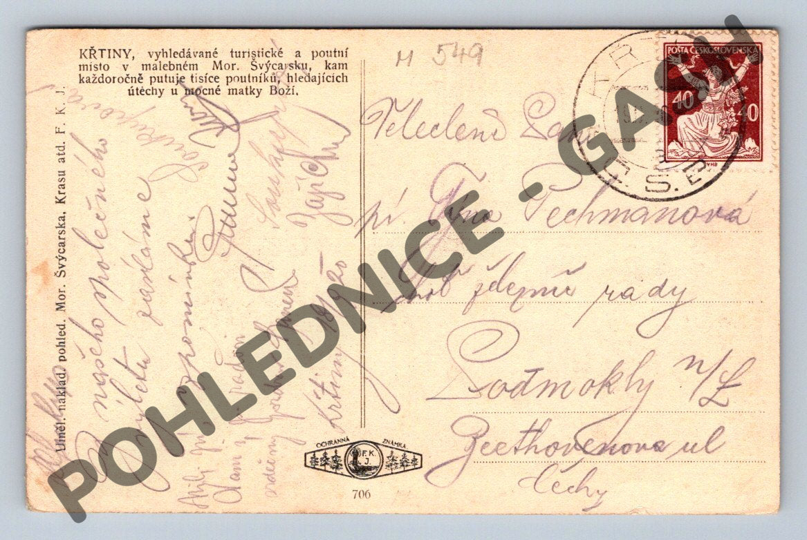Pohlednice Křtiny Moravský Švýcarsko 1926 (M549)