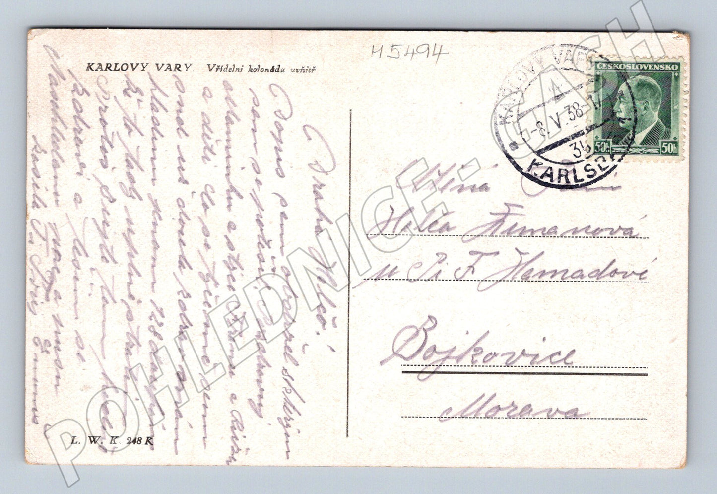 Pohlednice Karlovy Vary Vřídelní kolonáda 1938 (M5494)