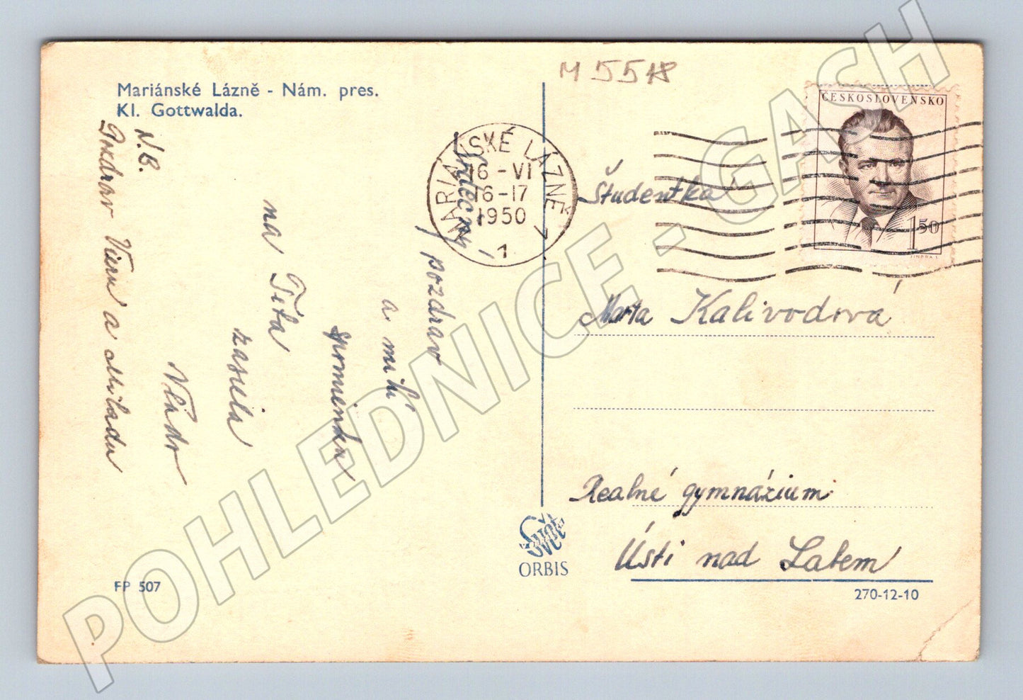 Pohlednice Mariánské Lázně náměstí K Gottwalda 1950 (M5518)