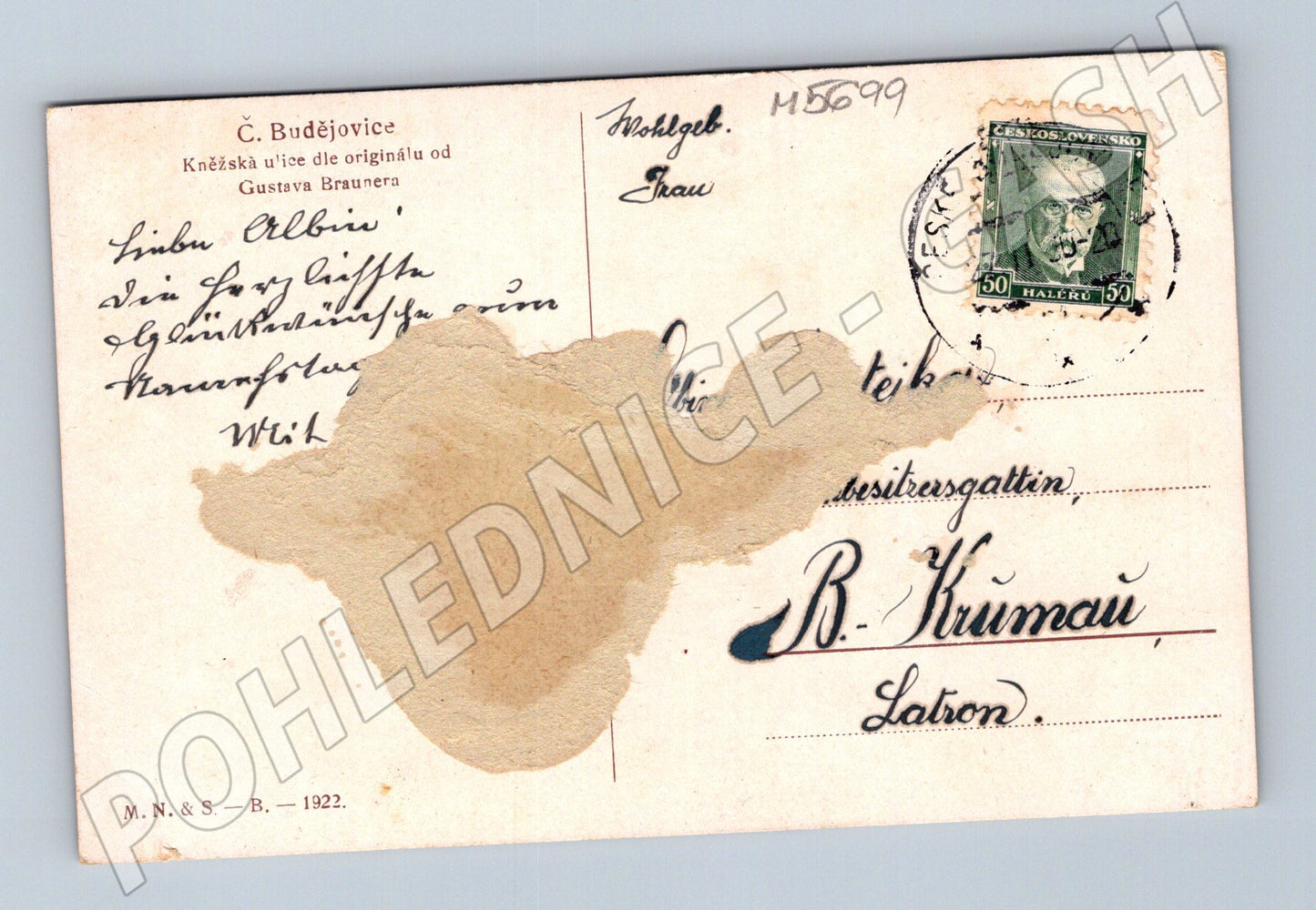 Postcard České Budějovice tower painting 1922 (M5699)