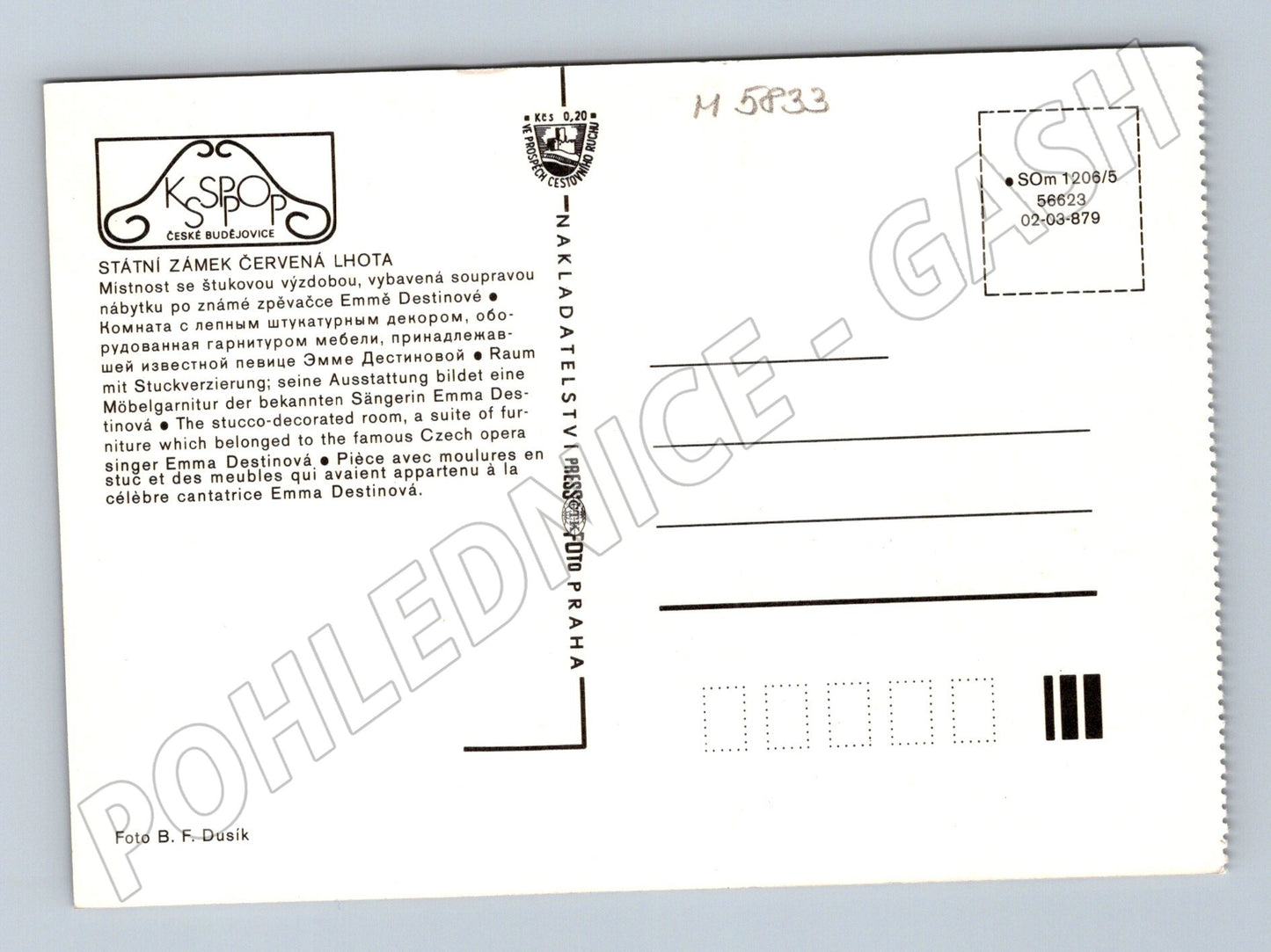 Pohlednice Státní zámek Červená Lhota interiér Emmy Destinnové (M5833)