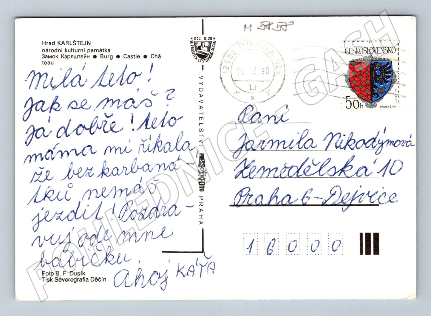 Pohlednice Karlštejn zaslaná razítko a známka (M5858)