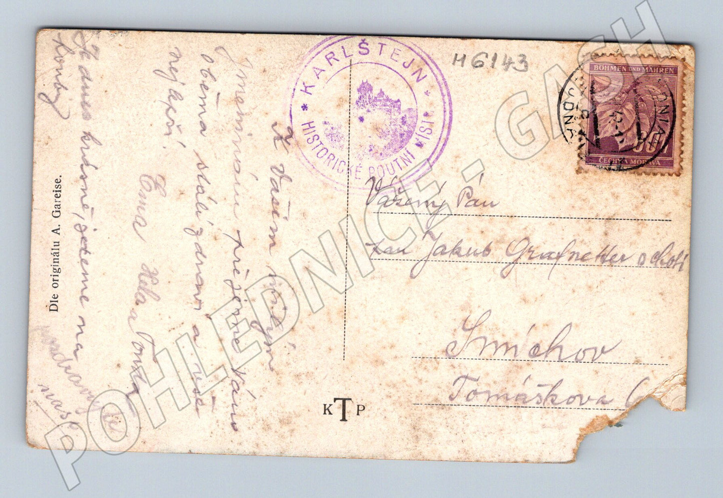 Pohlednice Karlštejn malovaná razítko známka (M6143)