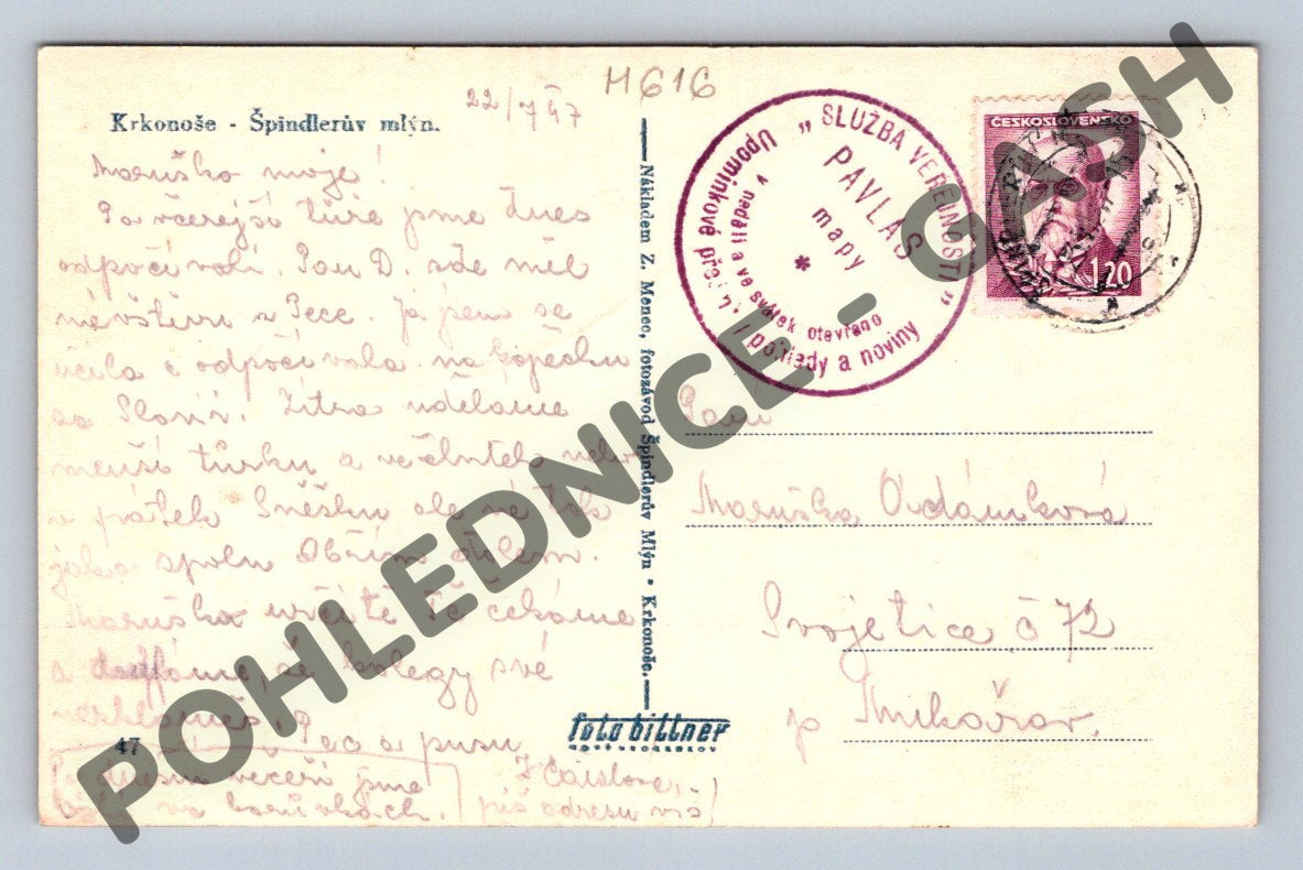 Pohlednice Krkonoše Špindlerův Mlýn 1947 (M616)