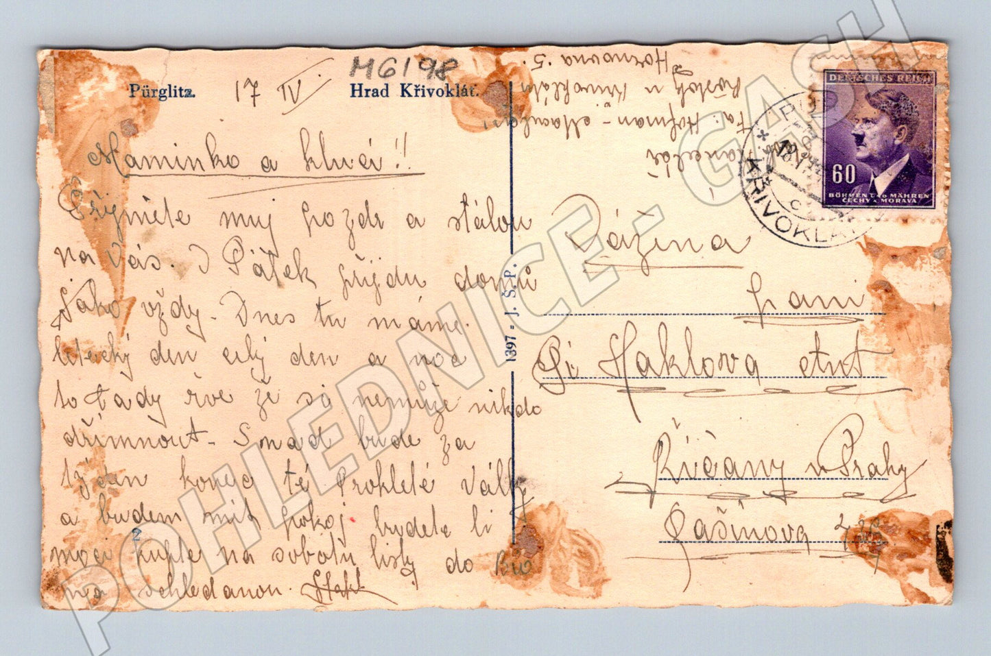 Pohlednice Křivoklát 1941 prošlá poštou (M6198)