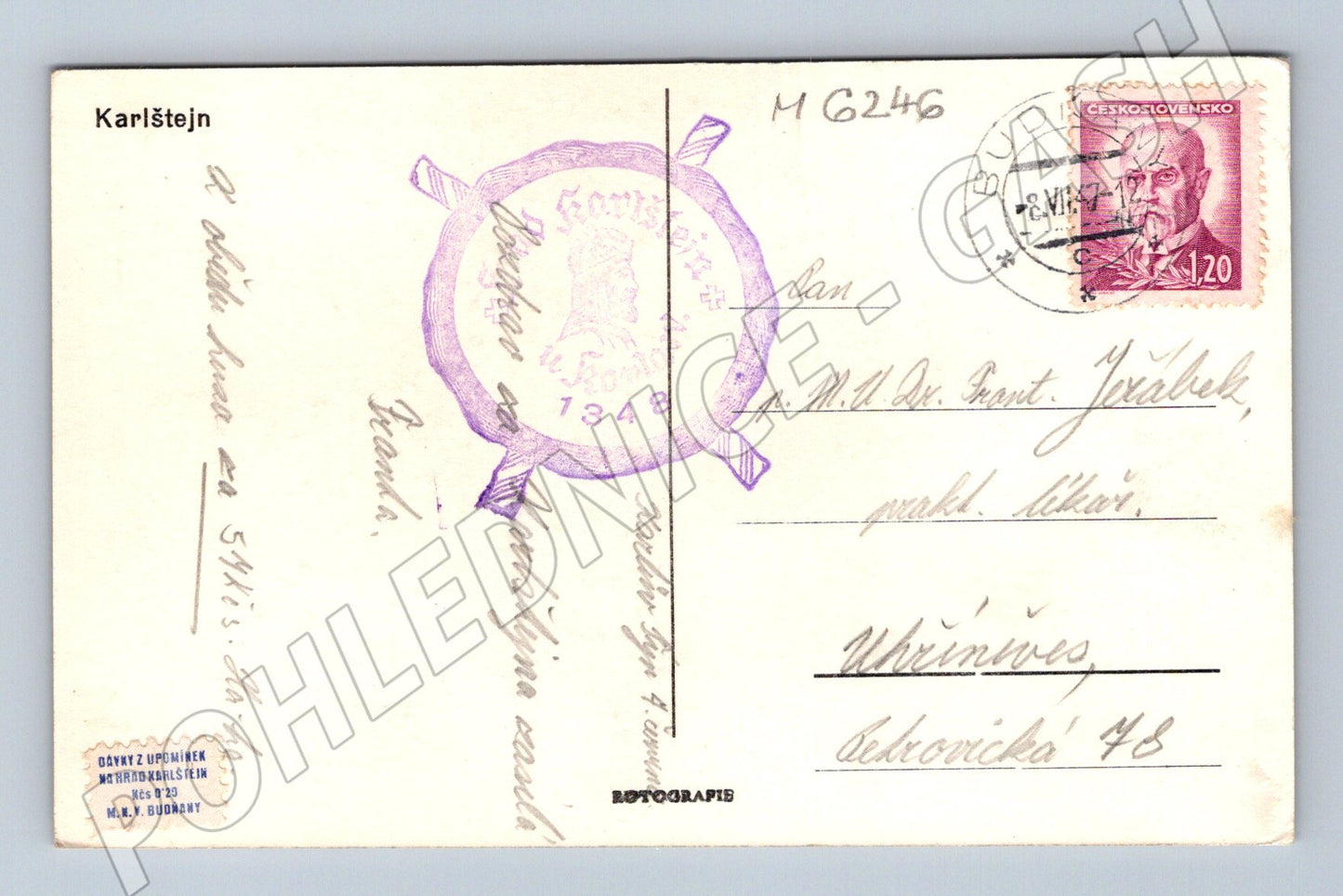 Pohlednice Karlštejn stará poštou prošlá (M6246)