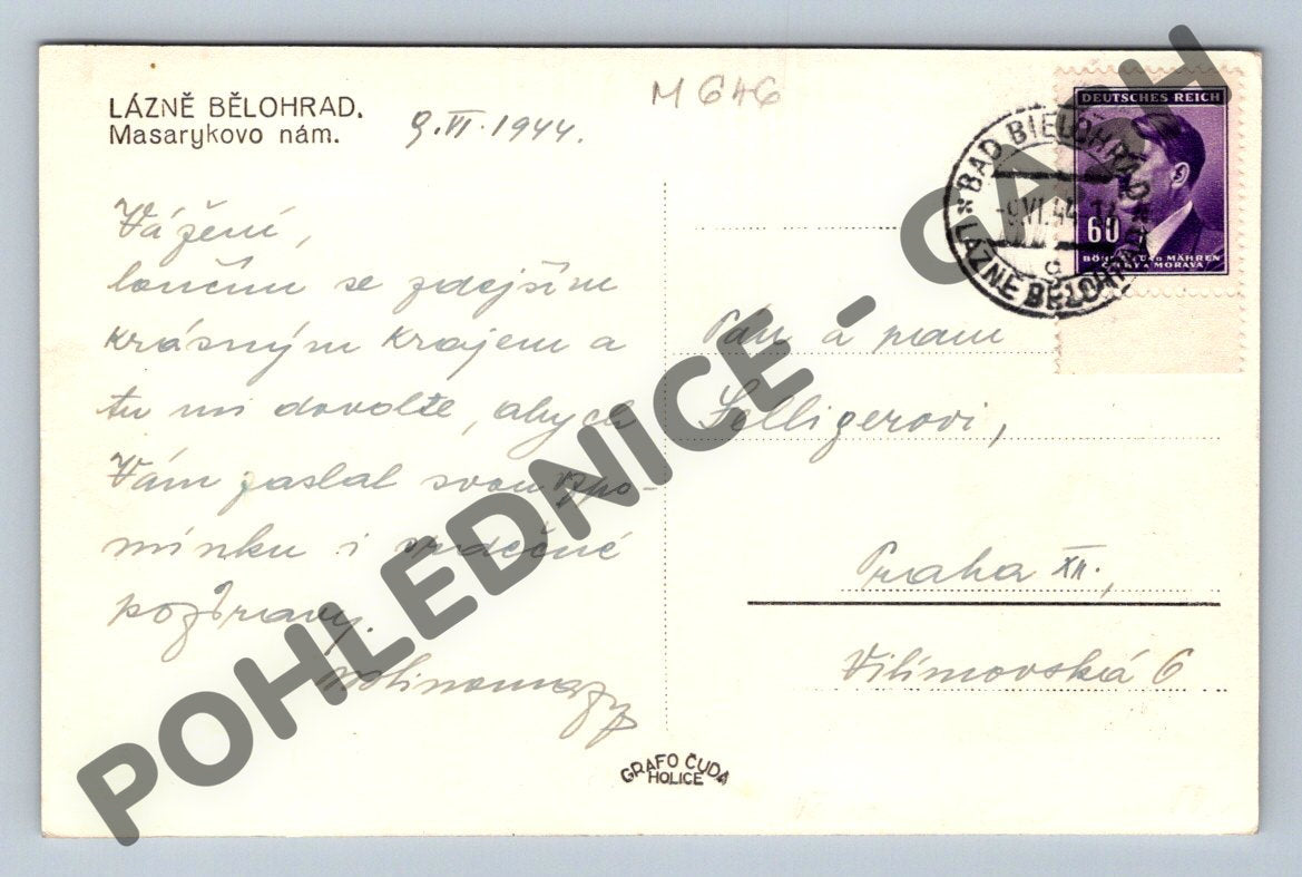 Pohlednice Lázně Bělohrad Masarykovo náměstí 1944 ČSR (M646)
