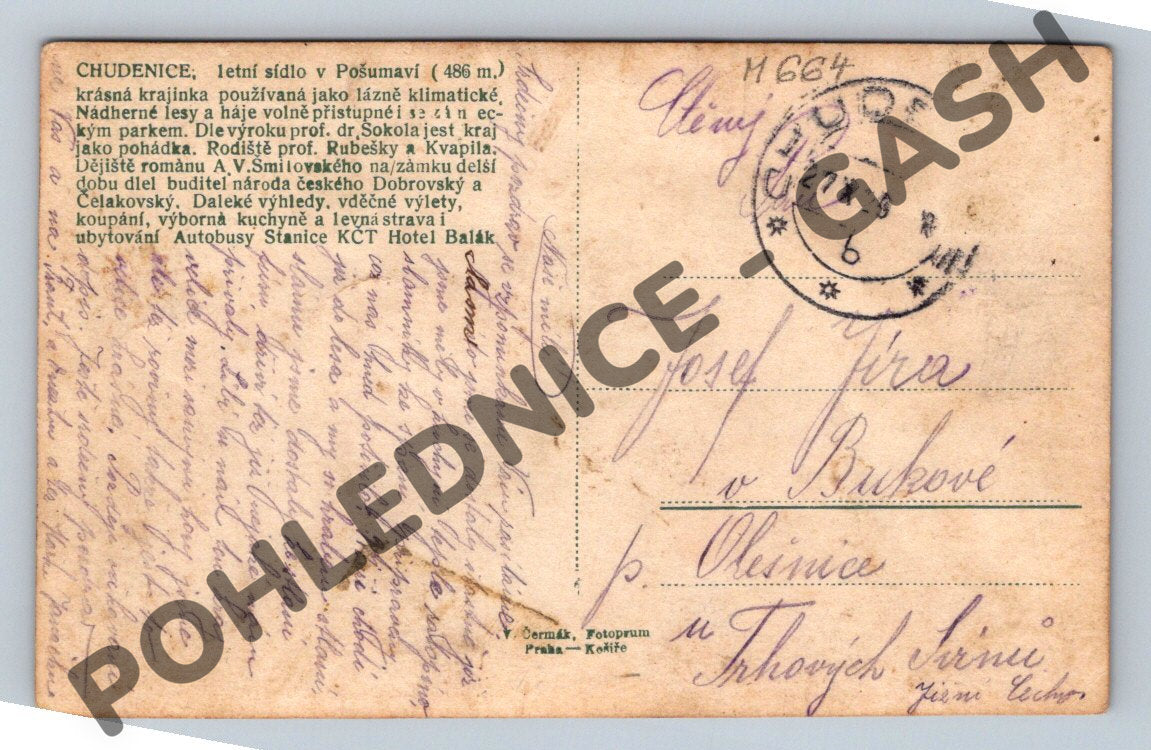 Postcard Chudenice Chateau Lázně Historical Czechoslovakia (M664)
