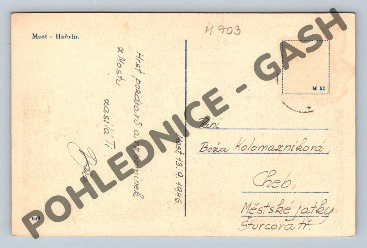 Pohlednice Most Hněvín černobílá 1946 ČSR (M703)