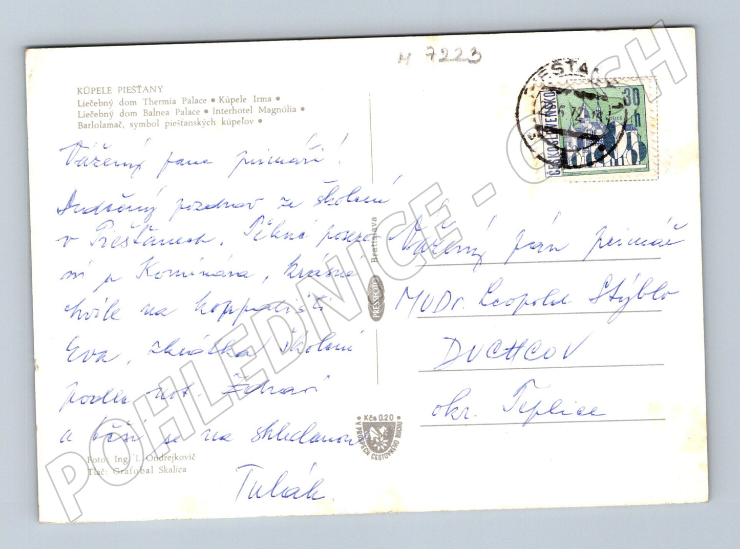 Pohlednice Piešťany lázně ručně psaná (M7223)