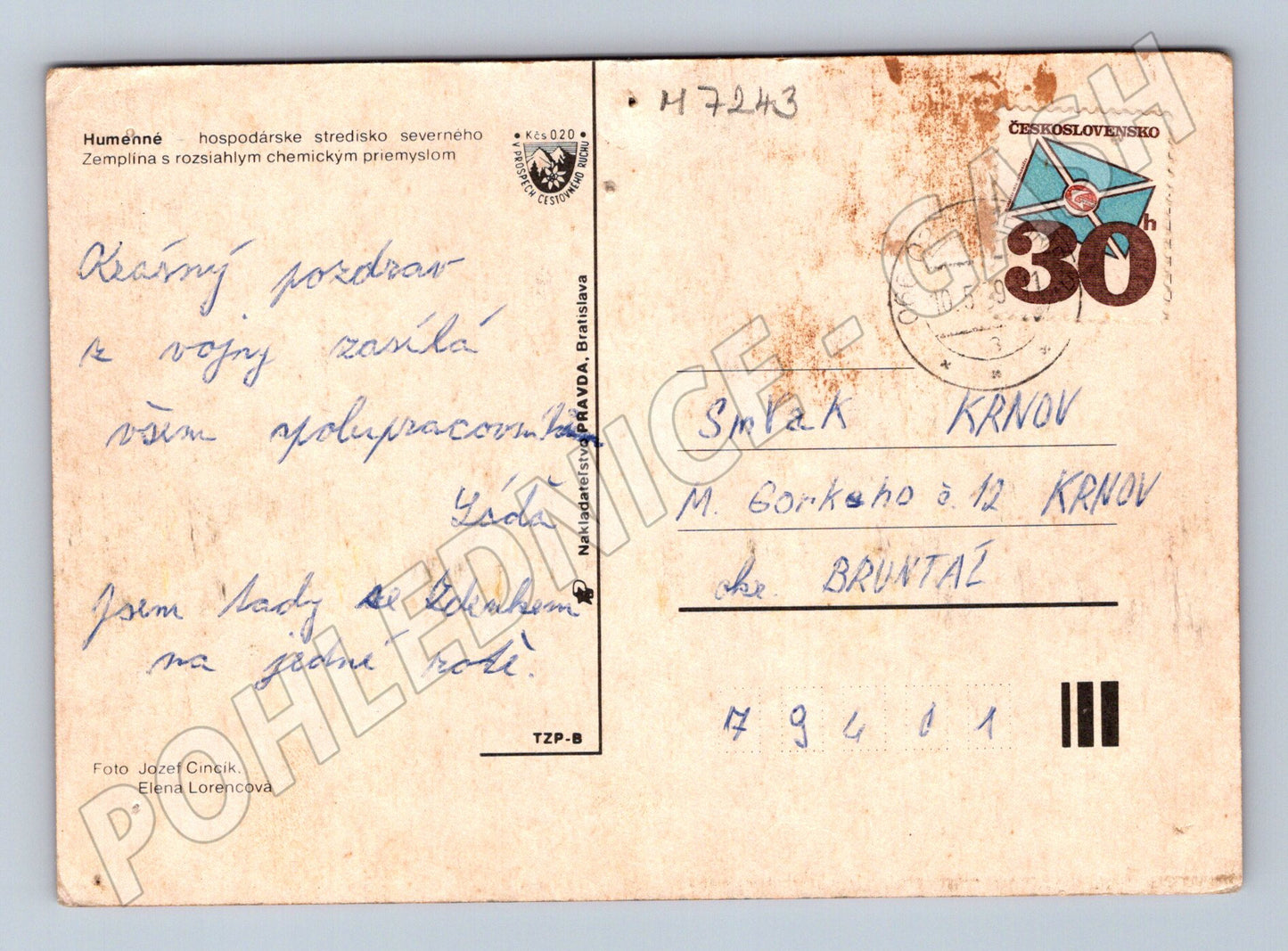 Pohlednice Humenné Slovensko prošlá (M7243)