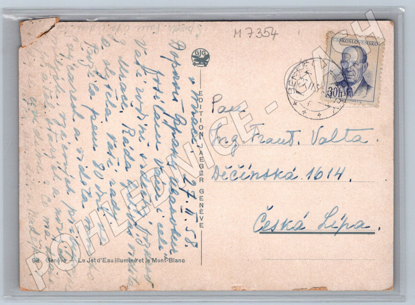 Pohlednice Ženeva Jet d’Eau Mont Blanc 1958 (M7354)