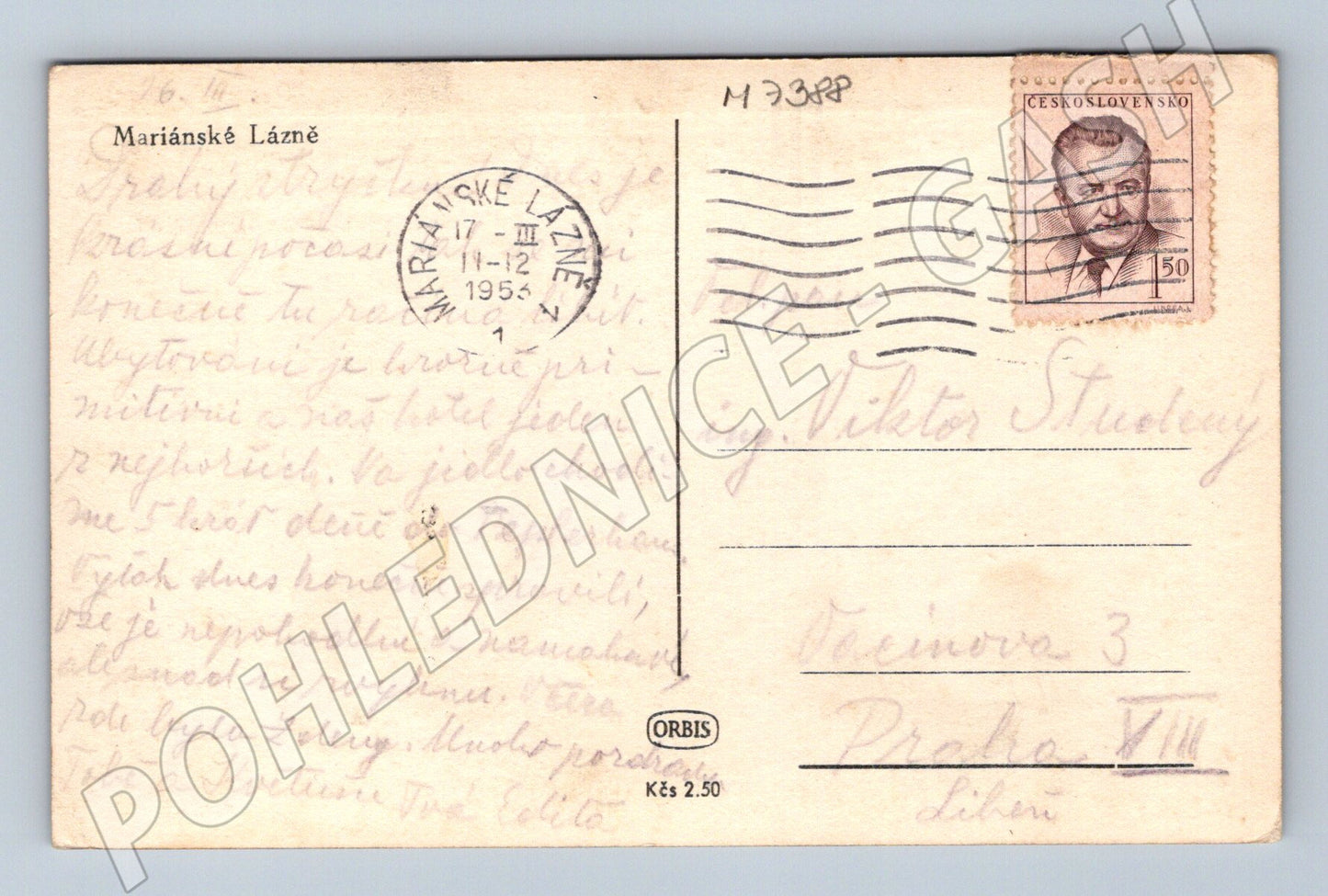 Pohlednice Mariánské Lázně 1954 razítko (M7388)