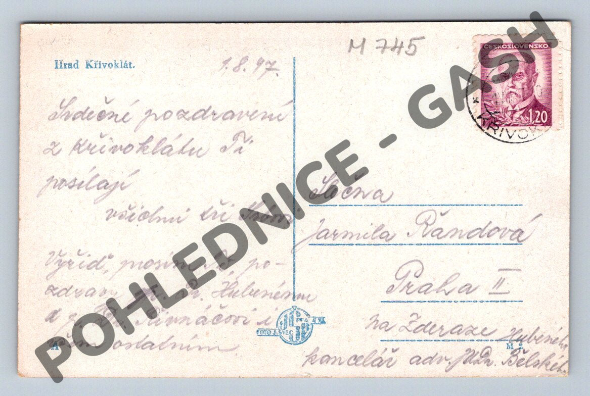 Pohlednice zámek Křivoklát černobílá 1947 ČSR (M745)