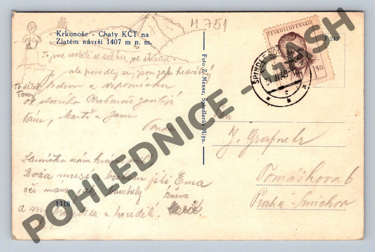 Pohlednice Krkonoše Chaty KČT Zlaté návrší 1949 (M751)