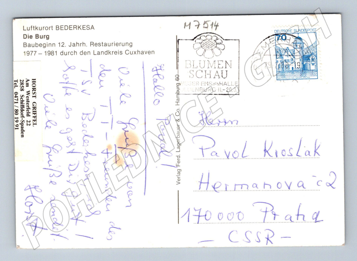 Postcard Bederkesa Castle Germany sent (M7514)