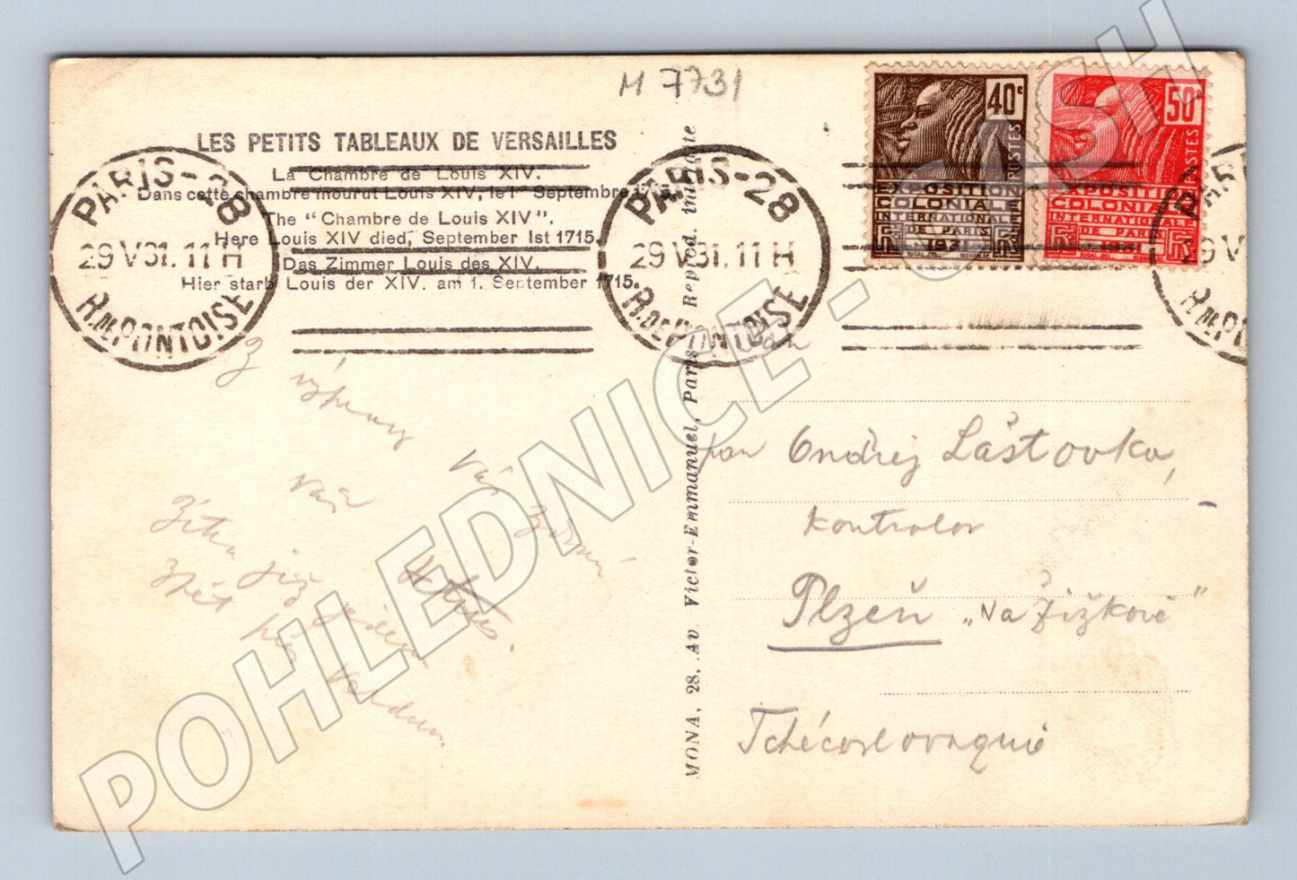Pohlednice Versailles pokoj Ludvíka XIV odesláno 1931 (M7731)