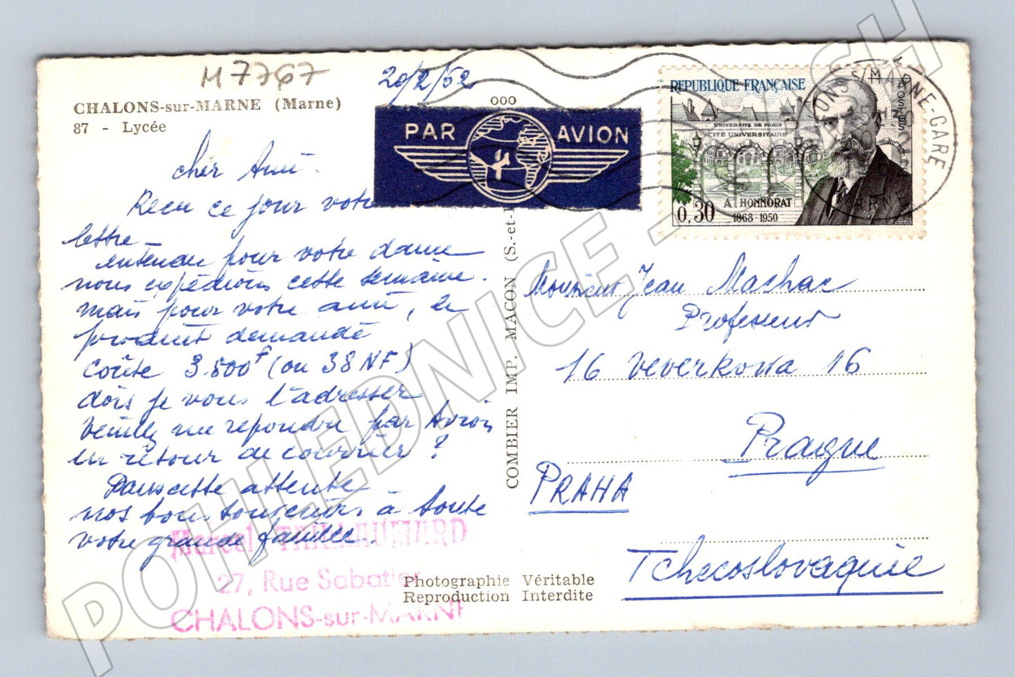 Pohlednice Châlons sur Marne lycée 1952 prošlá (M7767)