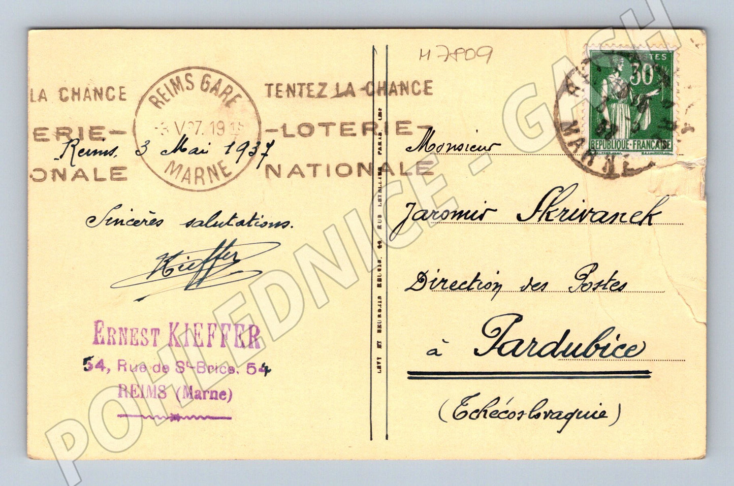 Pohlednice Reims katedrála Notre Dame 1937 do ČSR (M7809)