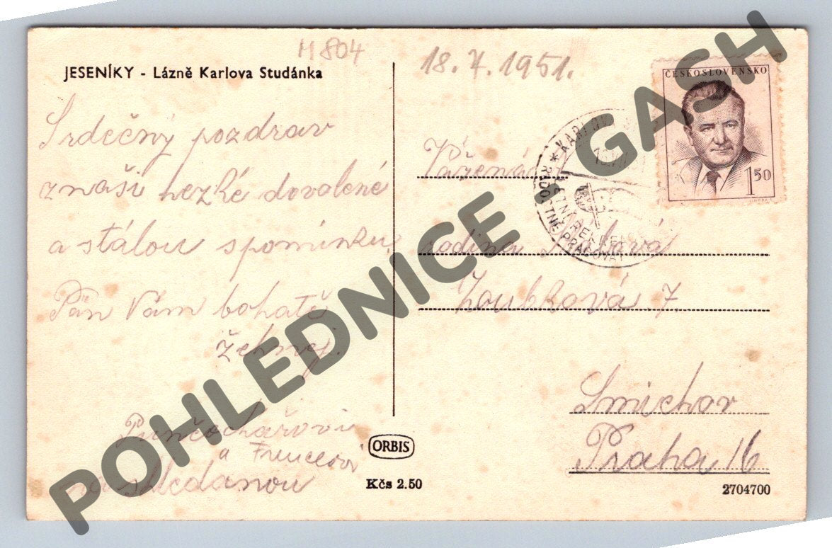 Pohlednice Jeseníky Karlova Studánka 1951 (M804)