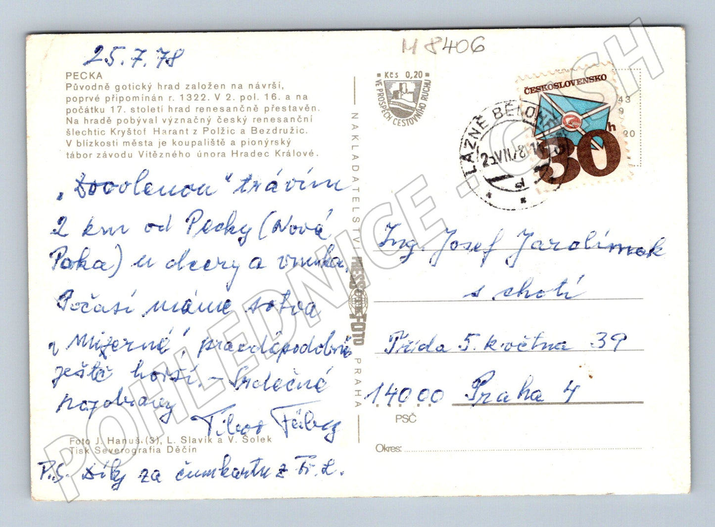 Pohlednice Pecka hrad město barevná 1978 odeslaná (M8406)