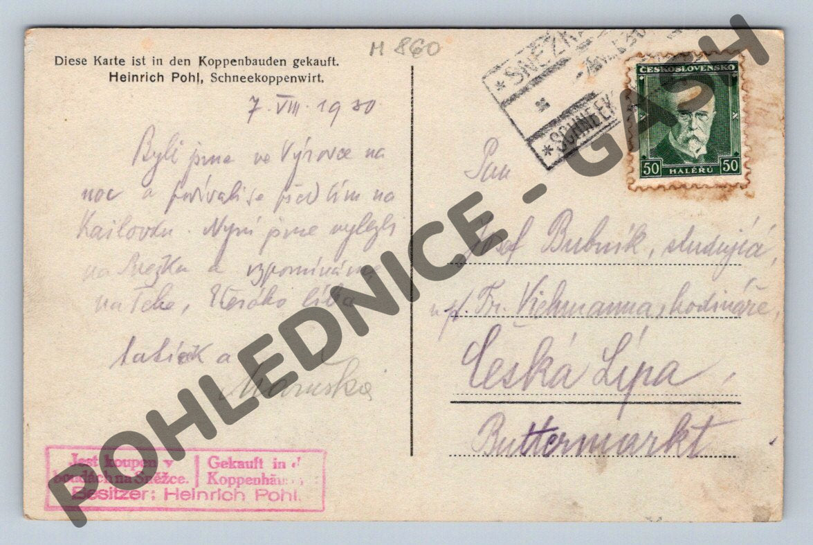 Pohlednice Sněžka Krkonoše 1930 malý formát prošlá (M860)
