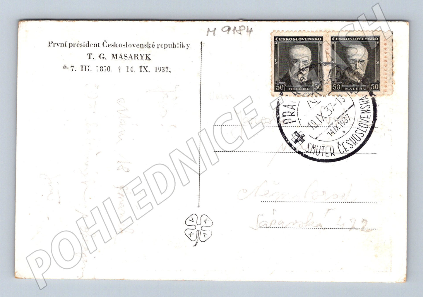 Pohlednice T G Masaryk smuteční 1937 razítko (M9184)