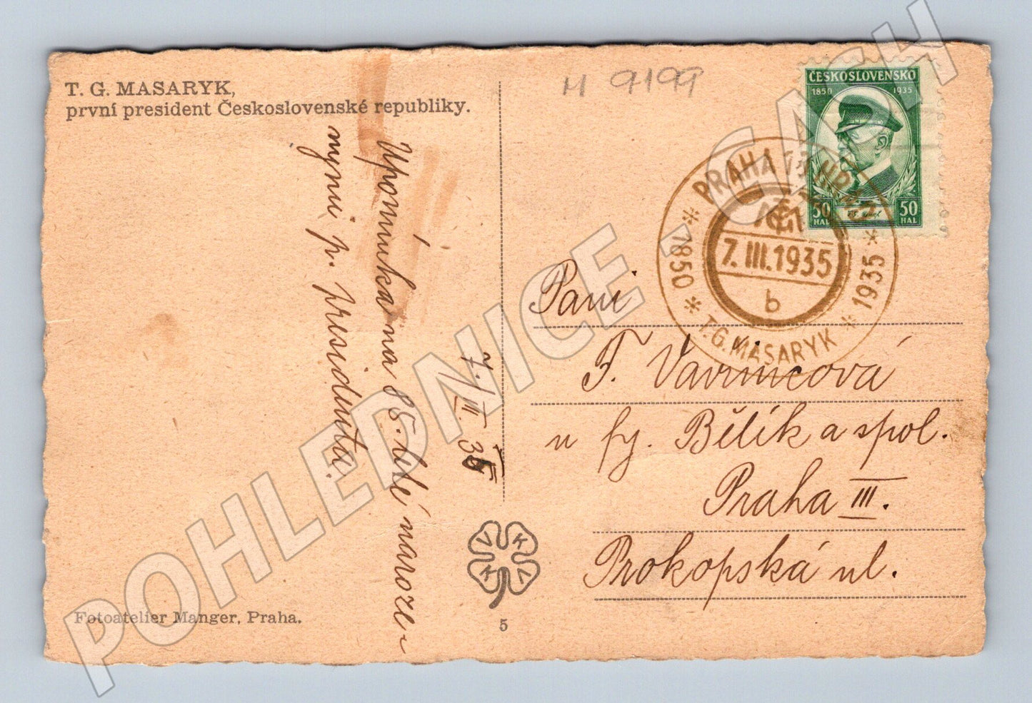 Postcard TG Masaryk, first president 1935 with stamp (M9199)