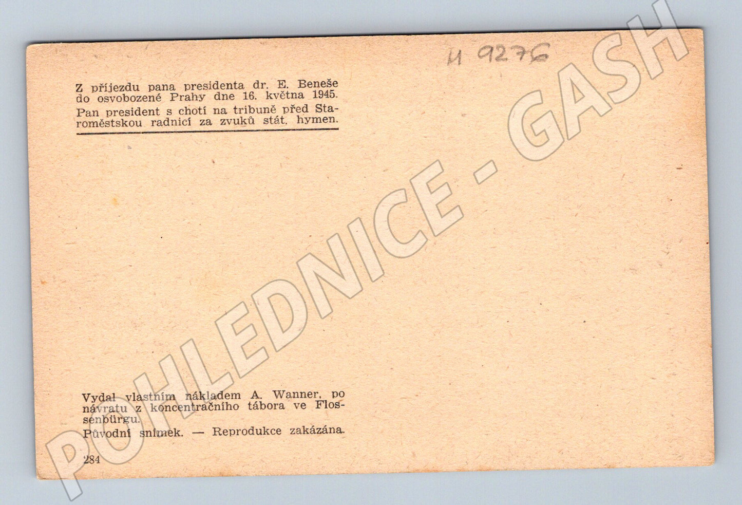 Postcard Beneš and his wife Prague 1945 arrival (M9276)