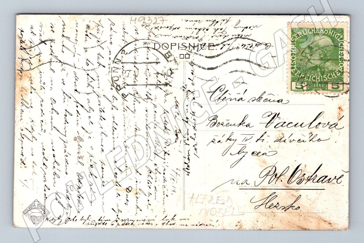 Postcard ALFRED NOBEL stamp (M9327)